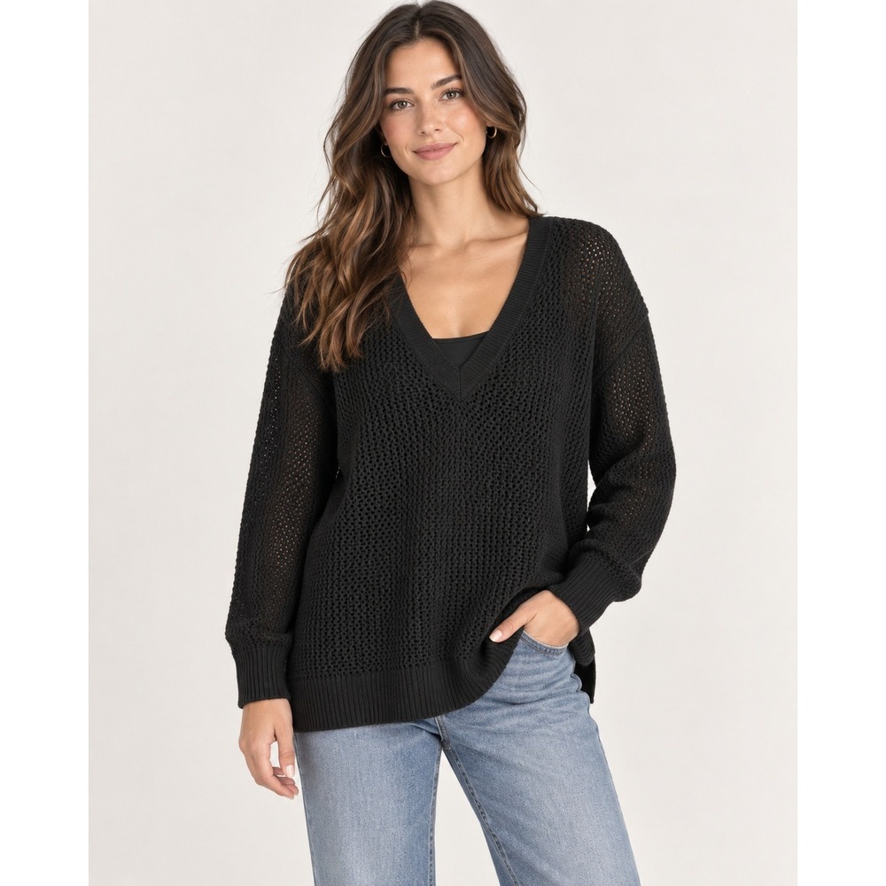 Naked Cashmere Nina Crochet V-Neck 100% Cashmere Sweater Black Size M